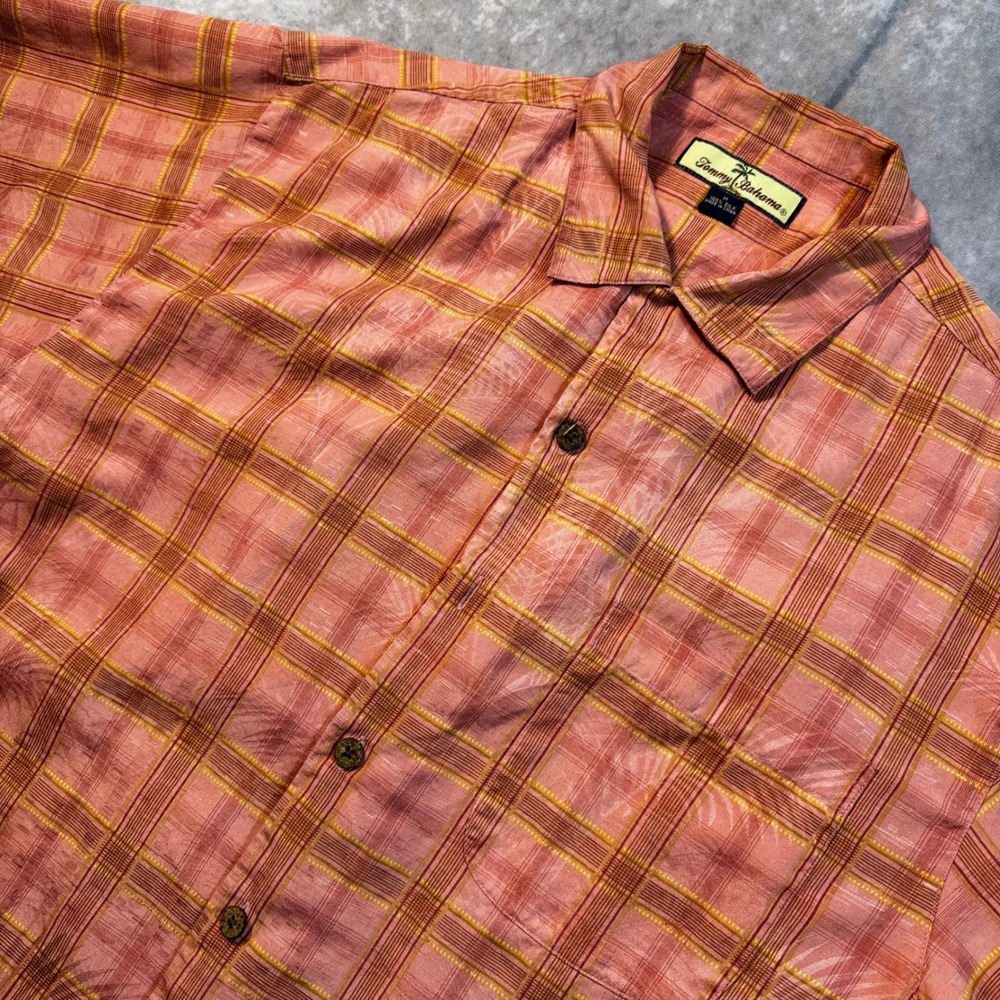 Tommy Bahama Mens Orange Plaid Silk Palm Jacquard Camp Shirt Size M A100-425